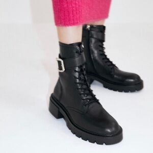 Zara Leather Lace up Lug Sole Military Combat Moto Boots